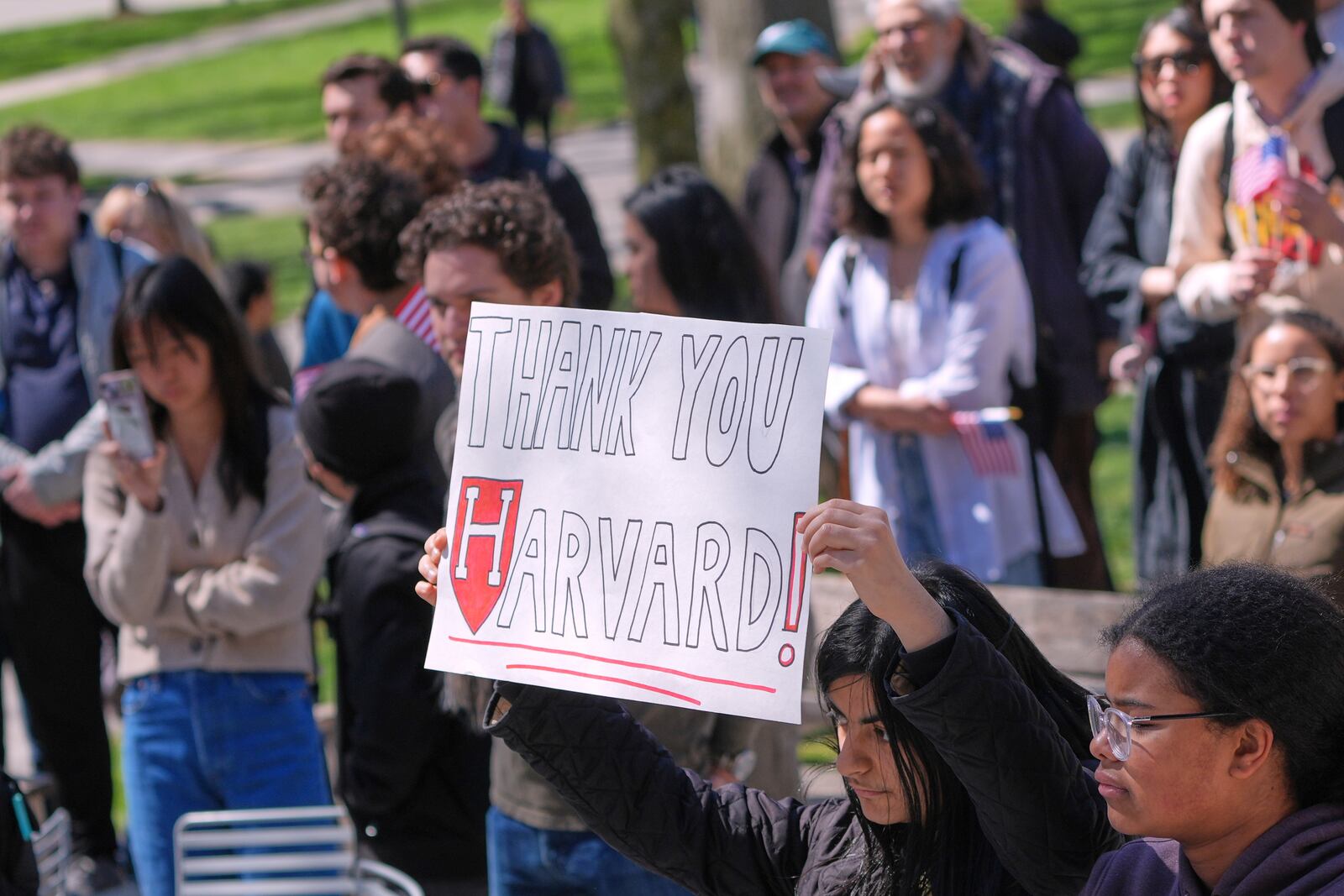 Students, faculty and members of the Harvard University community rally, Thursday, April 17, 2025, in Cambridge, Mass. (AP Photo/Charles Krupa)