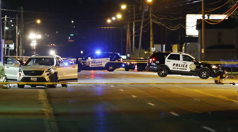 Hamilton police closed a portion of Ohio 4 near Fair Avenue after responding to reports of a car crash that became felonious assault on Saturday, Oct. 8, 2022. NICK GRAHAM/STAFF