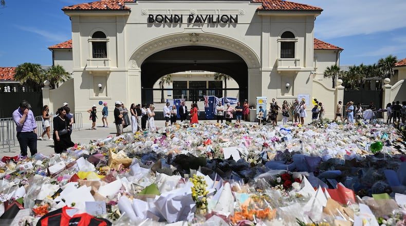 Floral tributes outside Bondi Pavilion at Bondi Beach in Sydney, Thursday, Dec. 18, 2025. (AP Photo/Steve Markham)