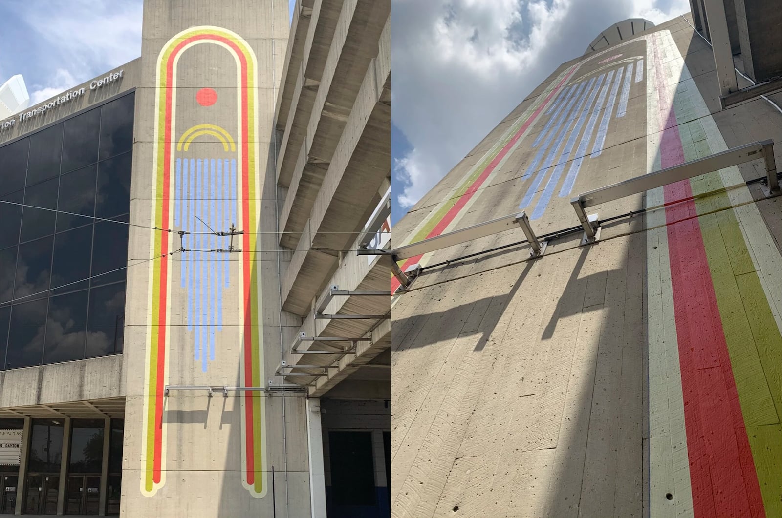 Among Atalie Gagnet's Dayton murals is a 65-foot tall arch painted on the Transportation Center. It was the first large scale piece she designed herself. She described the feeling of working high above her city as "beautiful". CONTRIBUTED PHOTO