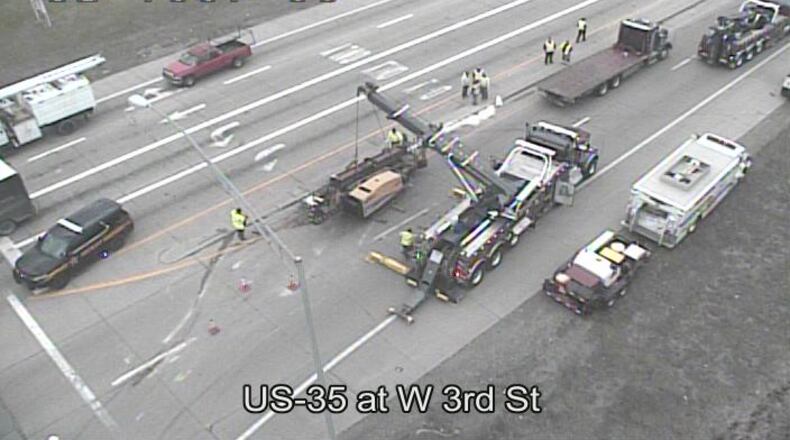 I-75 South was initially closed near U.S. 35 at West Third Street where a two-vehicle crashed occurred Monday morning on April 3, 2023. Photo Credit: OH-GO