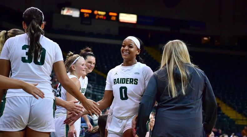 Jada Tate (0) is introduced prior to last week's exhibition game vs. Tiffin at the Nutter Center. Wright State Athletics photo