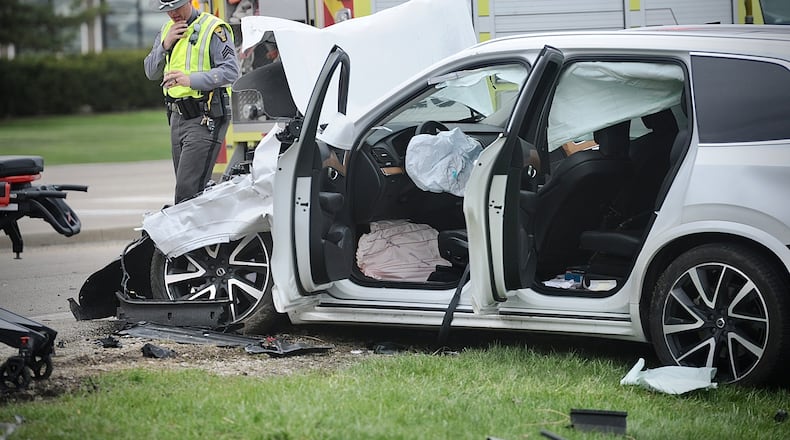 Four people are dead after a serious crash Monday, April 1, 2024 at the intersection of Terminal and Boeing drives, at the entrance of the Dayton International Airport in Dayton. MARSHALL GORBY\STAFF