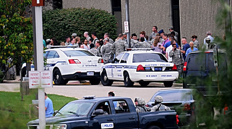 Multiple law enforcement agencies responded to Wright-Patterson Air Force Base on Thursday, Aug. 2, 2018 after a reported active shooter situation that was later determined to be not credible. MARSHALL GORBY / STAFF