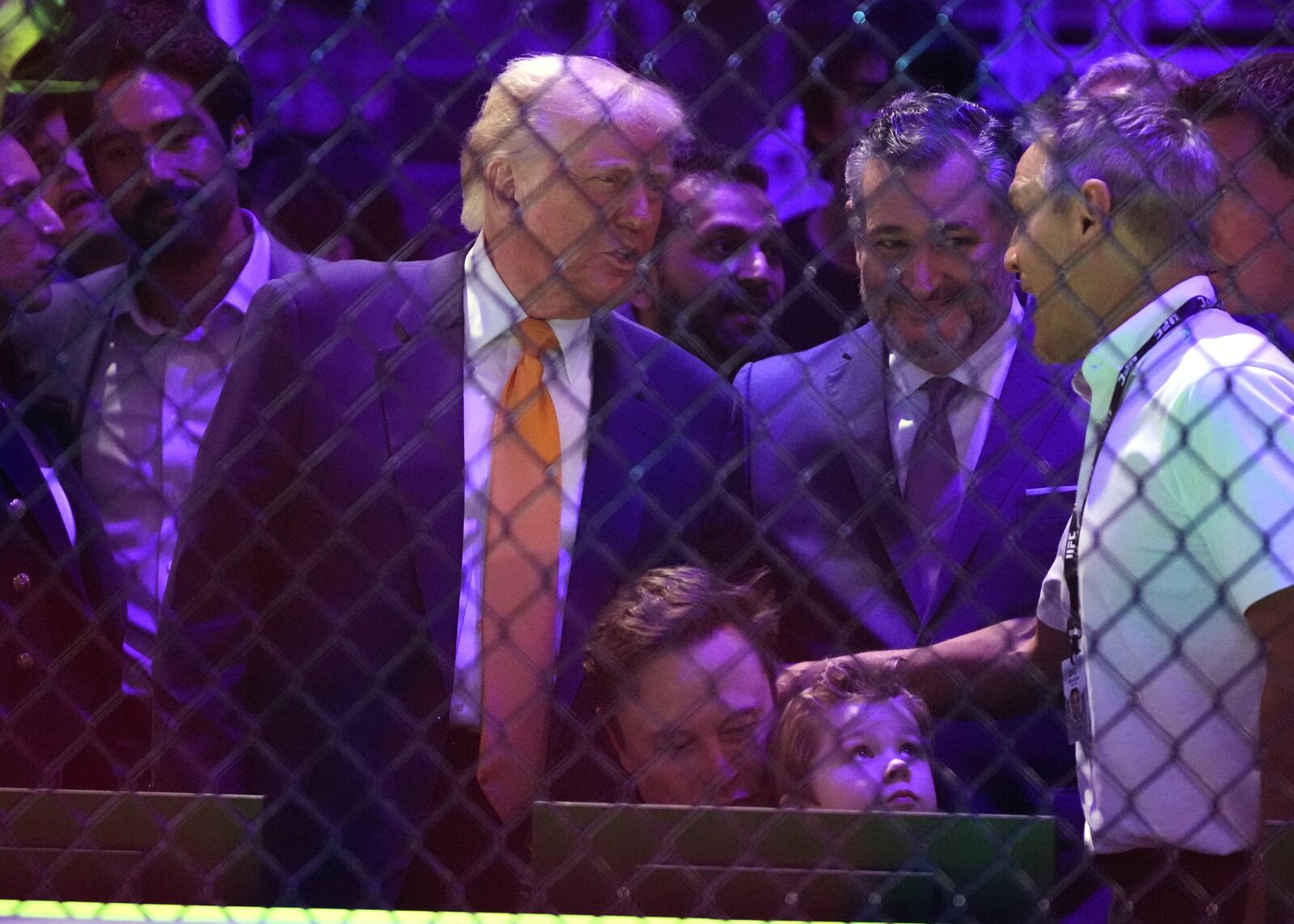 President Donald Trump, standing from left, Sen. Ted Cruz, R-Texas, and seated from left, Elon Musk and his son X Æ A-Xii attend a mixed martial arts fight at UFC 314, Saturday, April 12, 2025, in Miami. (AP Photo/Lynne Sladky)
