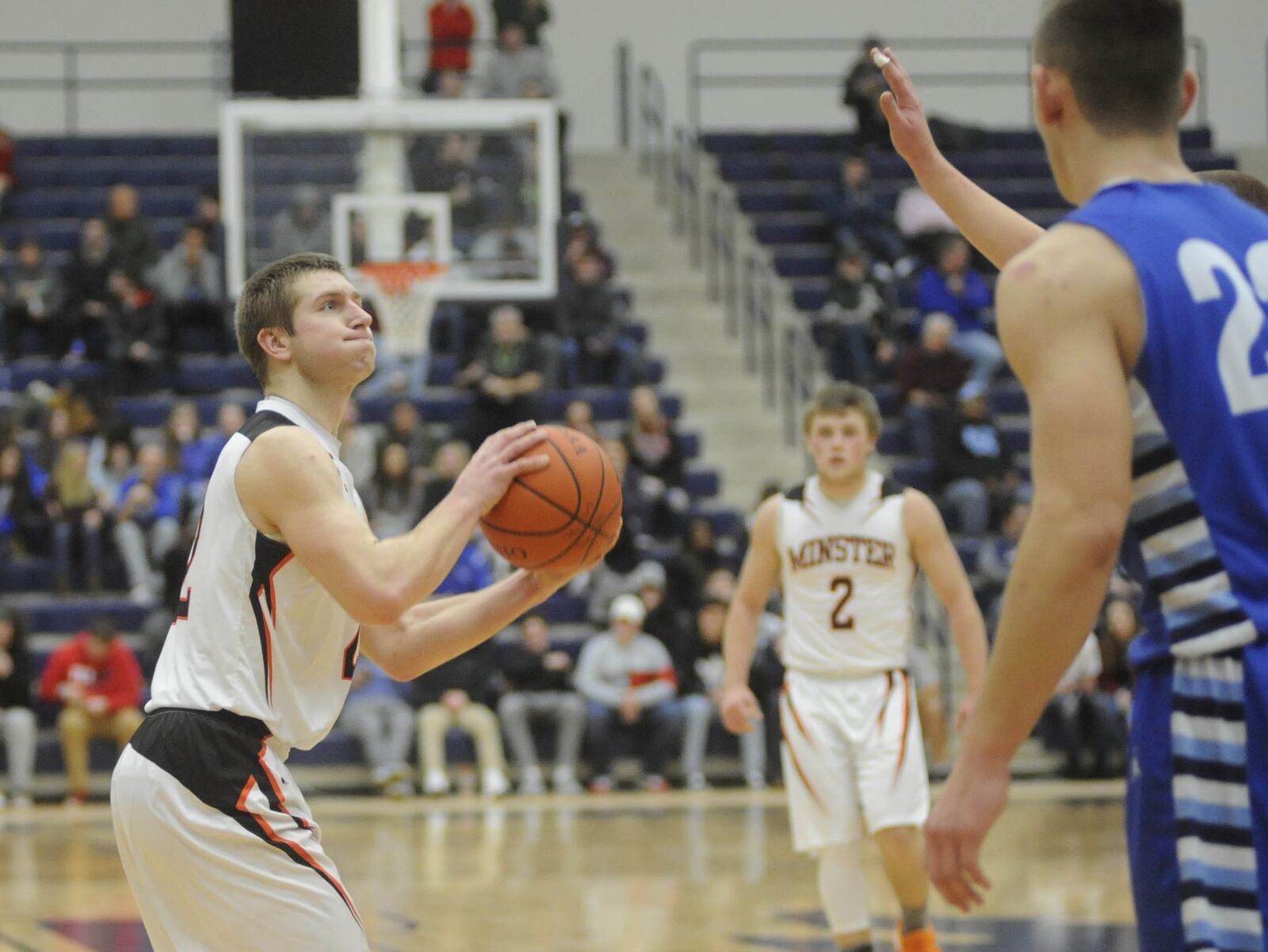 Minster’s Jared Huelsman. Minster defeated Franklin Monroe 74-58 in the 16th annual Premier Health Flyin’ to the Hoop at Trent Arena in Kettering on Sun., Jan. 15, 2018. MARC PENDLETON / STAFF