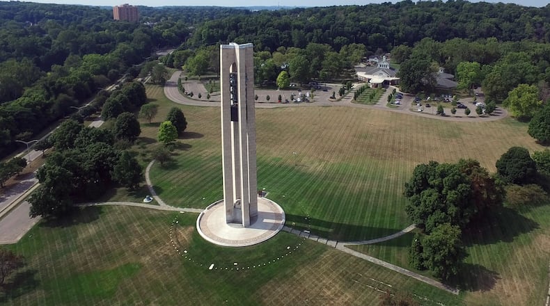 The Deeds Carillon is a 151-foot-tall tower, made of Indiana limestone, and originally designed with 32 bells. Eight of the first 32 bells were silent, each a memorial to a member of the Deeds family.SKY 7 / STAFF