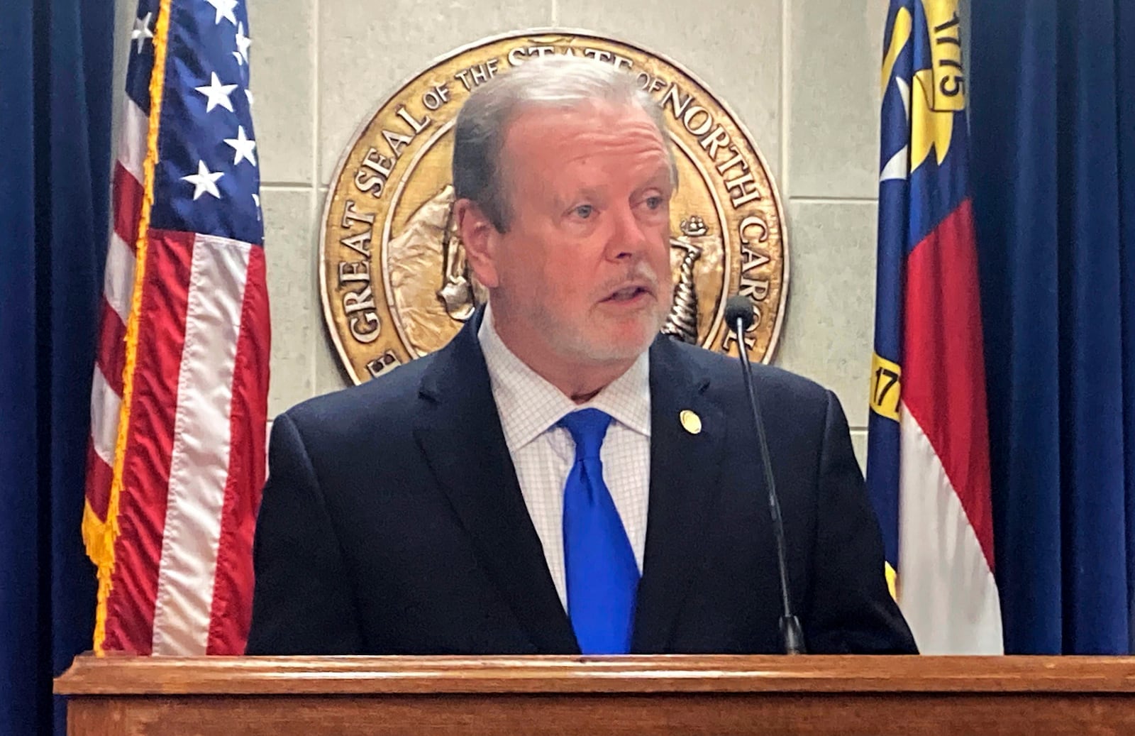FILE - North Carolina Senate leader Phil Berger, R-Rockingham, speaks at a Legislative Building news conference, on May 15, 2023, in Raleigh, N.C. (AP Photo/Gary D. Robertson, File)