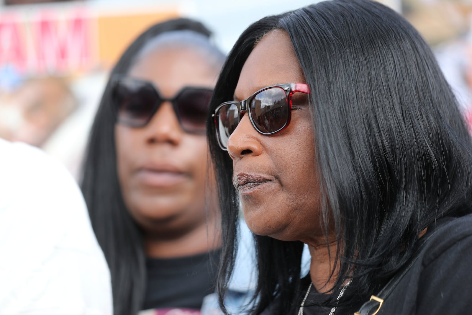 Mother of Tyre Nichols, RowVaughn Wells, right, stands with Keyana Dixon, sister of Tyre, during a community rally in his honor, Thursday, May 8, 2025, in Memphis, Tenn. (AP Photo/Nikki Boertman)