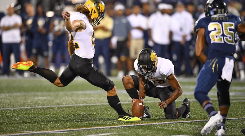MIAMI, FL - SEPTEMBER 29: Jamie Gillan #42 of the Arkansas-Pine Bluff Golden Lions kicks a field goal during the second half against the FIU Golden Panthers at Ricardo Silva Stadium on September 29, 2018 in Miami, Florida. (Photo by Mark Brown/Getty Images)