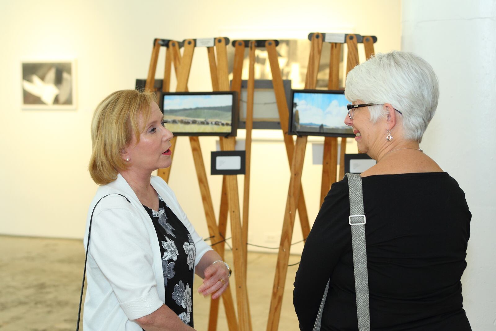 Eve Plumb discusses her artwork with Human Race Theatre Company board member Anne Brown during a private event June 12th at DVAC. Plumb's work "Film Noir & Classic Western Scenes" will be on display at DVAC through June 17, 2017. CONTRIBUTED PHOTO BY SCOTT KIMMINS
