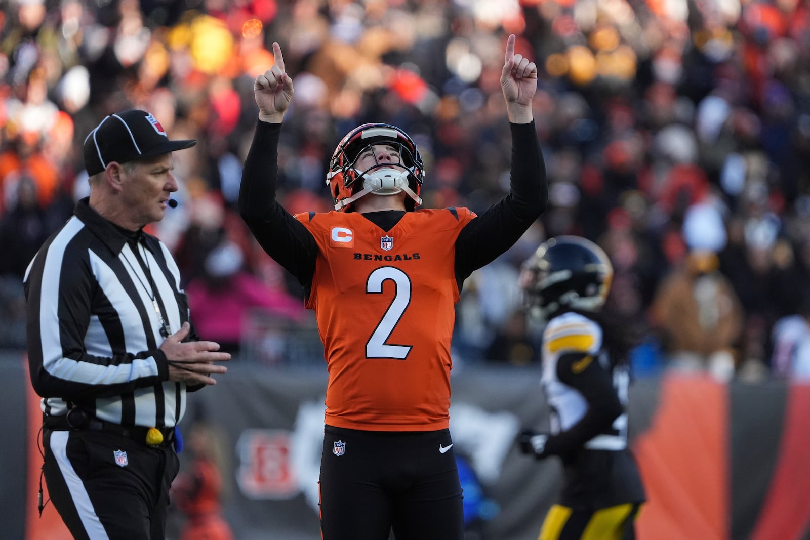 Cincinnati Bengals place kicker Evan McPherson reacts after making a field goal during the second half of an NFL football game against the Pittsburgh Steelers, Sunday, Dec. 1, 2024, in Cincinnati. (AP Photo/Joshua A. Bickel)