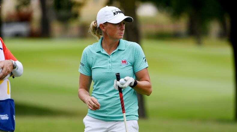 FILE - In this Sunday, Aug. 30, 2020 file photo, Stacy Lewis on the 14th hole during the final round of the LPGA Walmart NW Arkansas Championship golf tournament in Rogers, Ark. Lewis is one of the past champions playing this week in the ANA Inspiration in California. (AP Photo/Michael Woods, File)