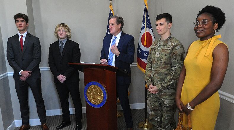 U.S. Rep. Mike Turner, center, recognized students from the 10th Congressional District that he nominated to U.S. military academies Friday, June 9, 2023. From left, Oakwood High School graduate Jett Williams, who has been appointed to the Air Force Academy; Kettering Fairmont High School graduate Owen Russell, West Point; West Carrollton High School graduate Chase Adams, West Point; and Northmont High School graduate Worship Akpan, West Point. MARSHALL GORBY\STAFF