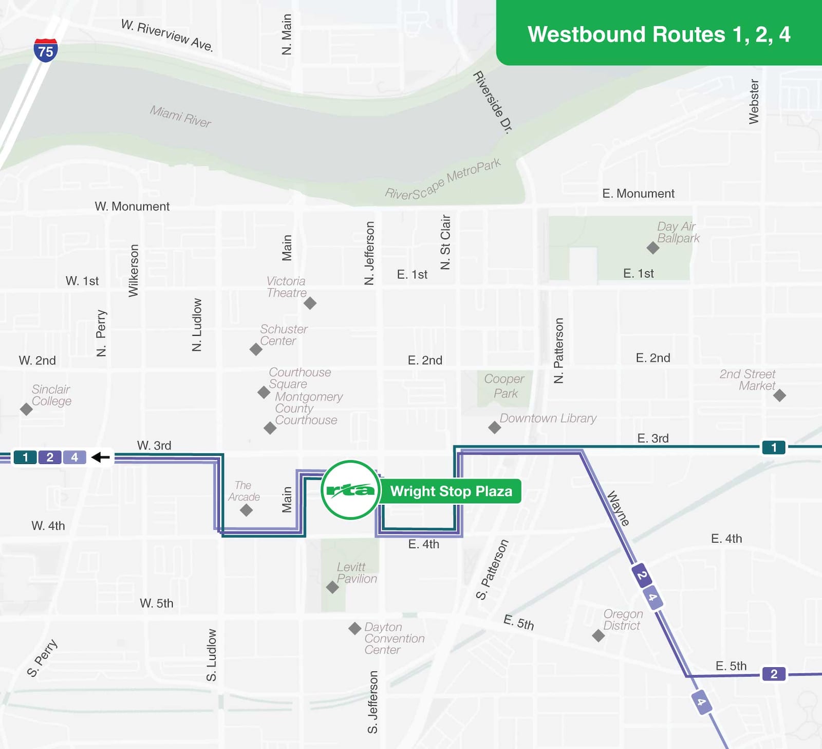 Westbound Routes 1, 2 and 4 - From East Third Street they will turn left onto St. Clair Street, right onto Fourth Street, right onto Jefferson Street and enter Wright Stop Plaza. When exiting, they will turn left onto Main Street back to the designated routes. (CONTRIBUTED: RTA)
