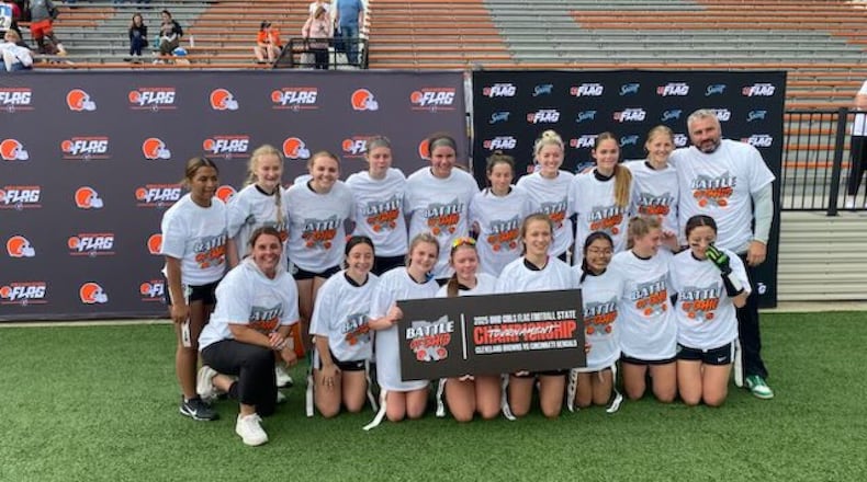 The Badin High School girls flag football team won Inaugural Ohio Girls High School Flag Football State Championship May 18 at Massillon’s Paul Brown Tiger Stadium. BADIN HIGH SCHOOL