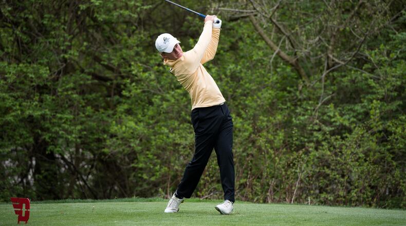 Wright State's Tyler Goecke hits a tee shot during the first round of the UD Invitational at NCR Country Club on April 12, 2021. Joseph Craven/Wright State Athletics