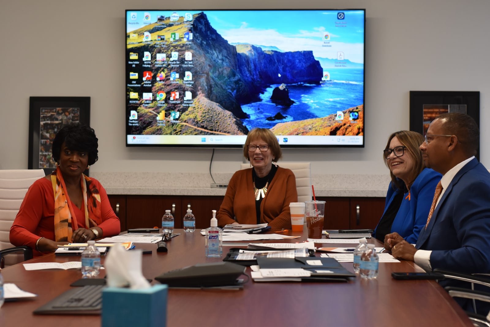Montgomery County Commissioners (from left) Mary McDonald, Judy Dodge and Carolyn Rice, and county Administrator Michael Colbert at a commission meeting where they discussed proposed water and sewer rate changes. CORNELIUS FROLIK / STAFF