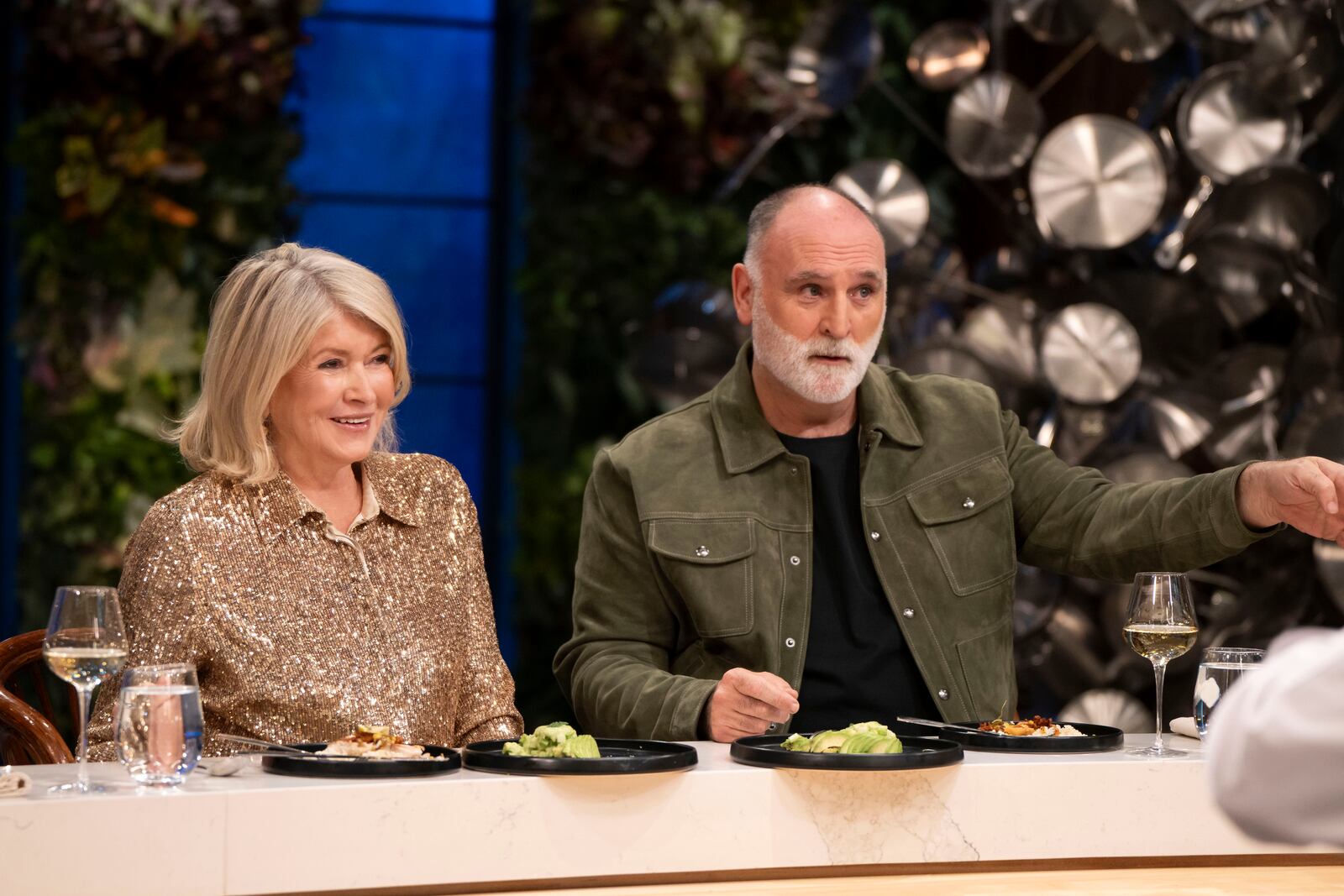 This image released by NBC shows Martha Stewart, left, and José Andrés in "Control Freaks". (Pief Weyman/NBC via AP)