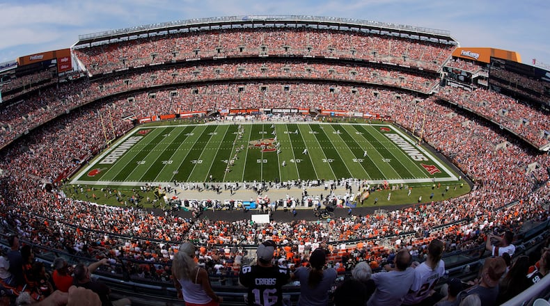 Cleveland Browns fans watch the kickoff of an NFL football game between the Cleveland Browns and the New York Jets, Sunday, Sept. 18, 2022, at First Energy Stadium in Cleveland. (AP Photo/Keith Srakocic)