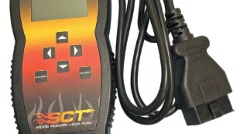 A programmer designed to change the ignition timing and other parameters within the engine controller. The stock settings are retrieved and stored in the unit and replaced with one of three optional “tunes”. Most tunes require the use of premium fuel if the higher performance versions are selected. James Halderman photo