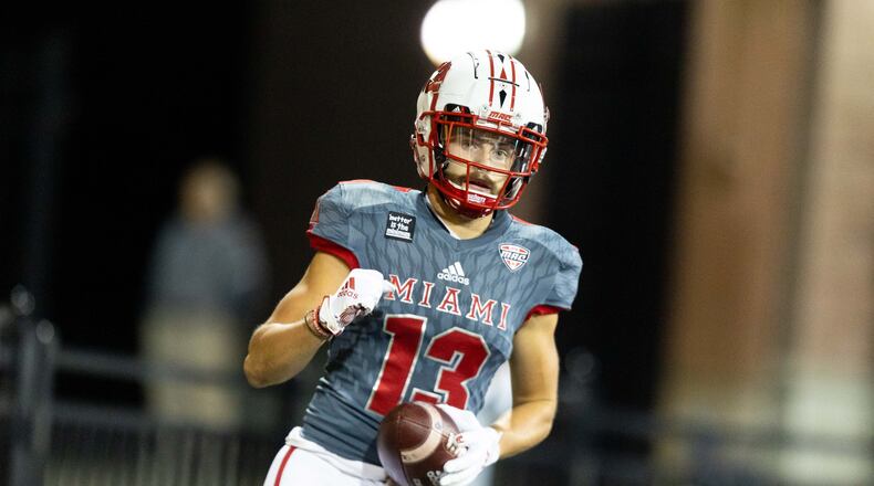 Miami wide receiver Jack Sorenson celebrates a touchdown during last week's game vs. Buffalo earlier this season. Miami Athletics photo