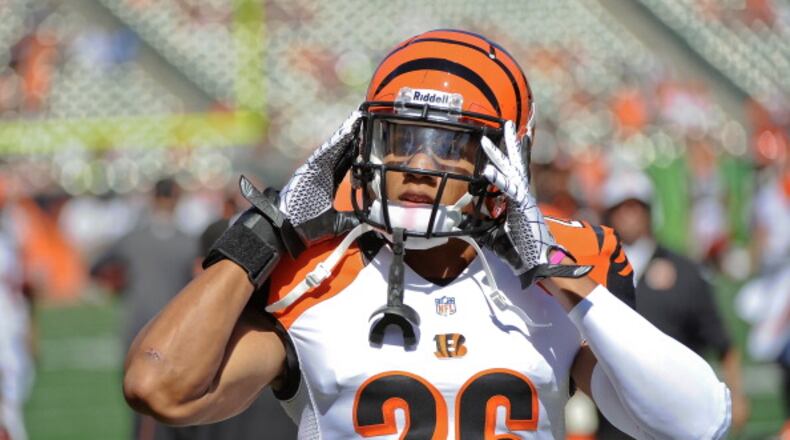 CINCINNATI, OH - SEPTEMBER 16: Taylor Mays #26 of the Cincinnati Bengals warms up before a game against the Cleveland Browns at Paul Brown Stadium on September 16, 2012 in Cincinnati, Ohio. (Photo by Jamie Sabau/Getty Images)