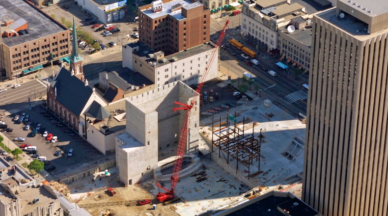 4-25-01 -- More steel structure is rising from the ground at the Schuster Performing Arts Center in the heart of downtown Dayton as seen in this aerial view.