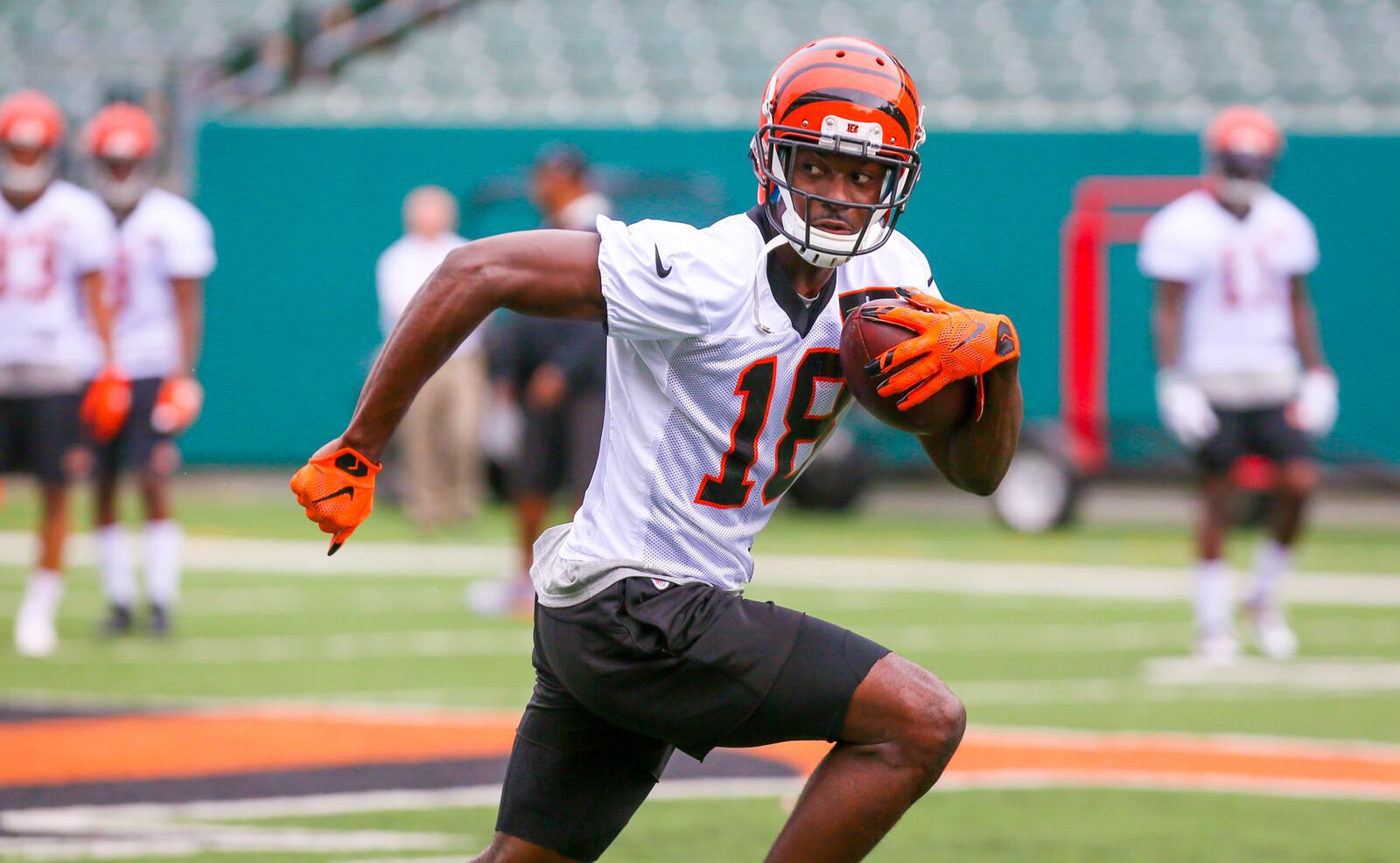 Bengals wide receiver A.J. Green (18) participates in a team practice at Paul Brown Stadium, Tuesday, June 13, 2017. GREG LYNCH / STAFF