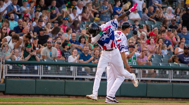 Elly De La Cruz celebrates as he rounds third base after hitting his second home run in the second game of a doubleheader against West Michigan. De La Cruz has 20 homers and leads the Midwest League. CONTRIBUTED/Jeff Gilbert