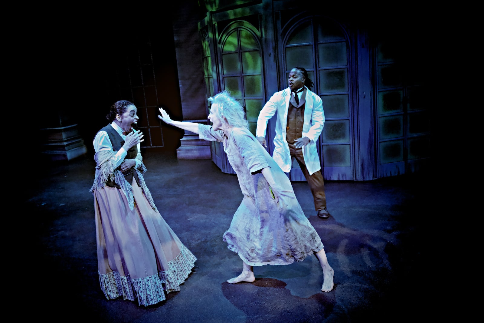 Left to right: Angelique Archer (Mina Harker), Caitlin Larsen Deer (Renfield) and Rico Romalus Paker (Dr. George Seward) in "Dracula: A Feminist Revenge Fantasy, Really." Photo by William Peake