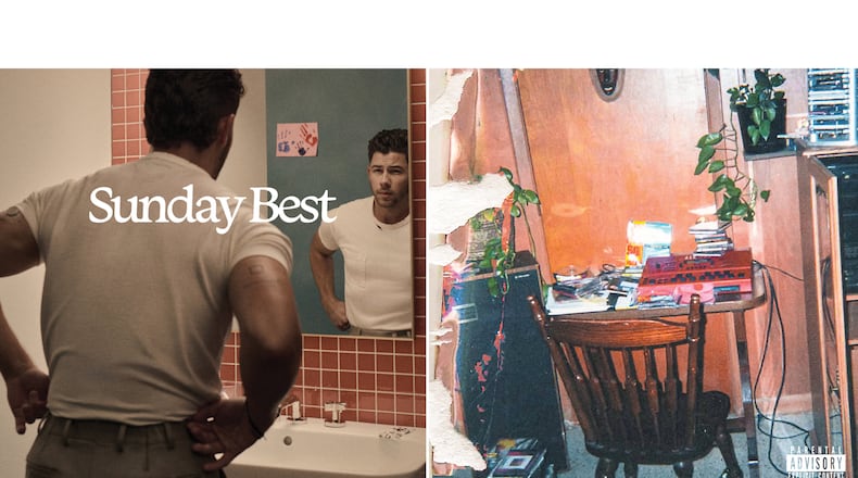 This combination of album covers shows "Sunday Best" by Nick Jonas, left, and "The Fall-Off" by J. Cole. (Republic Records/ via AP, left, and Cole World Inc./Interscope via AP)