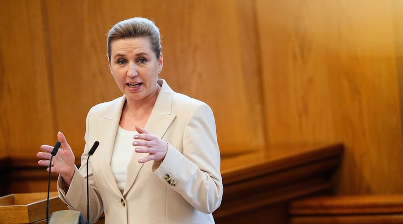 Danish Prime Minister Mette Frederiksen announces an upcoming parliamentary election, in the Parliament Hall at Christiansborg, in Copenhagen, Thursday, Feb. 26, 2026. (Thomas Traasdahl/Ritzau Scanpix via AP)