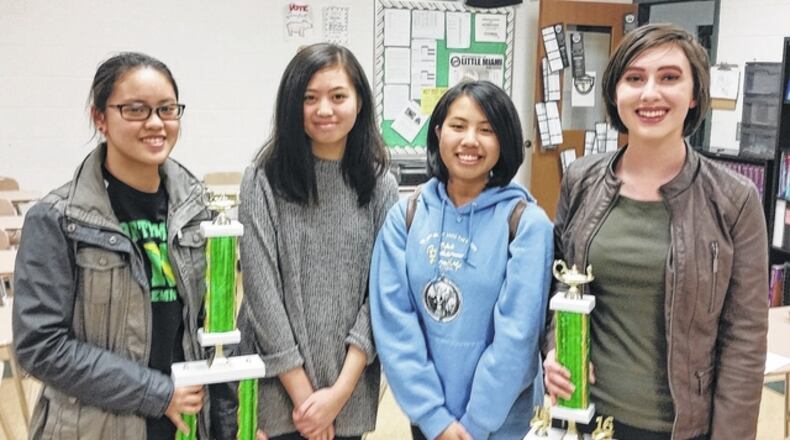 The Northmont High School Academic Challenge team, left to right: Kara Combs, Athena Dobles, Betina Dobles, Caitlin Hoyng (not pictured, Molly Buchanan). SUBMITTED