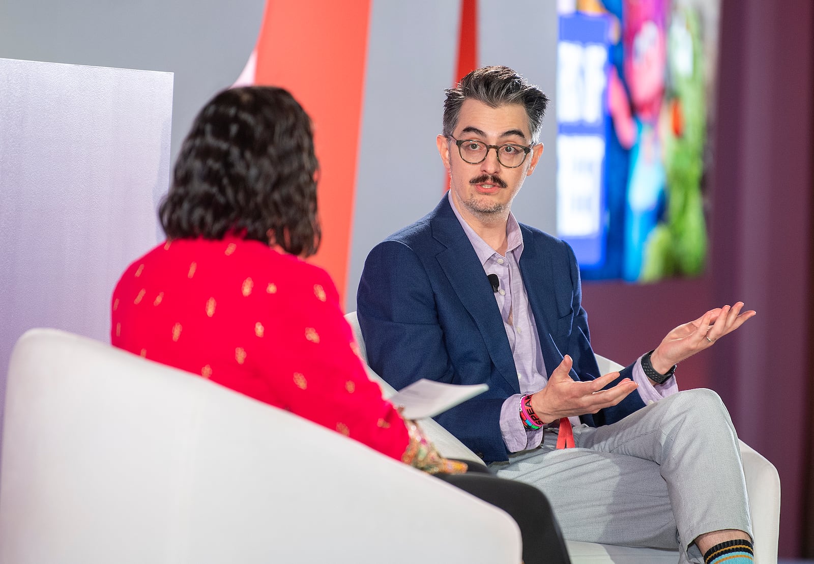 Sal Perez, executive producer and VP of Sesame Street at Sesame Workshop, right, talks to Versha Sharma, editor-in-chief at Teen Vogue, after Sesame Workshop won the Elevate Prize Foundation's Catalyst Award, Wednesday, May 14, 2025, in Miami Beach, Fla. (AP Photo/Michael Laughlin)
