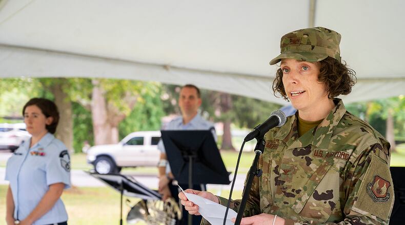 Col. Sirena Morris, 88th Mission Support Group commander, makes opening remarks at the Women’s Equality Day event Aug. 27 on Wright-Patterson Air Force Base. The event, marking the anniversary of the 19th Amendment’s ratification granting women the right to vote, featured live music by the Air Force Band of Flight’s Spirit of Freedom, food, base organization booths and local women-owned craft vendors. U.S. AIR FORCE PHOTO/R.J. ORIEZ