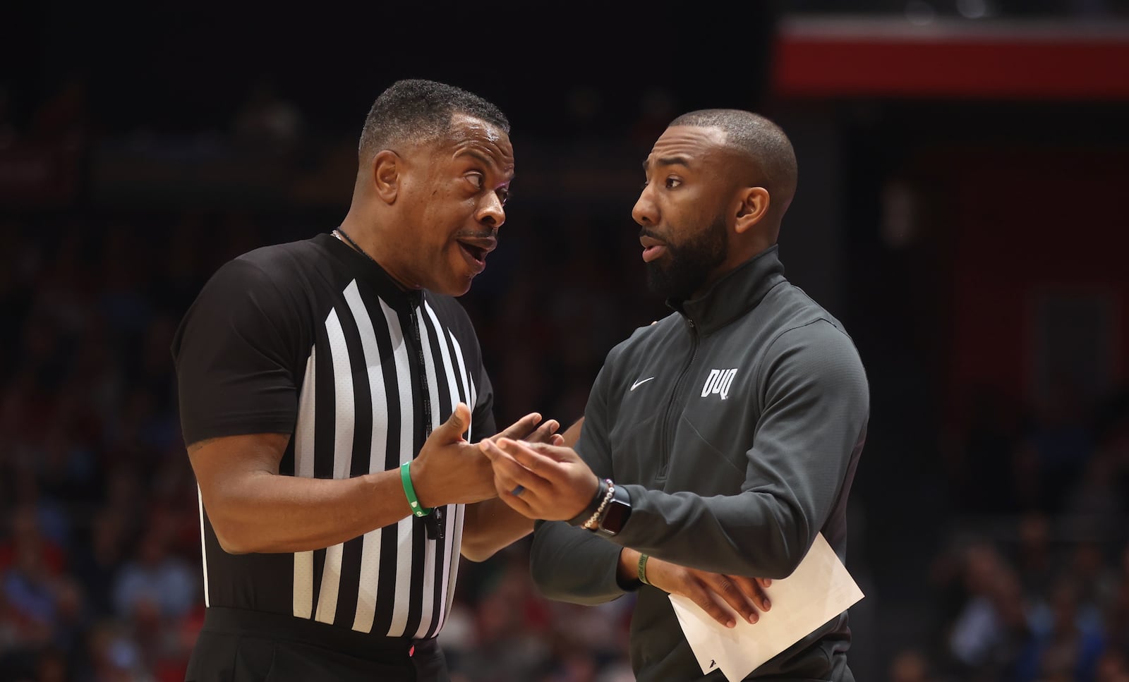 Duquesne's Dru Joyce III talks to an official in the first half of a game against Dayton on Saturday, Feb. 15, 2025, at UD Arena. David Jablonski/Staff