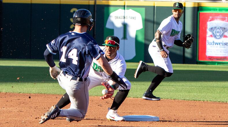 Dragons second baseman prepares to tag out West Michigan's Austin Murr on a stolen base attempt in the first inning Tuesday at Day Air Ballpark. Catcher Cade Hunter made the throw. Jeff Gilbert/CONTRIBUTED