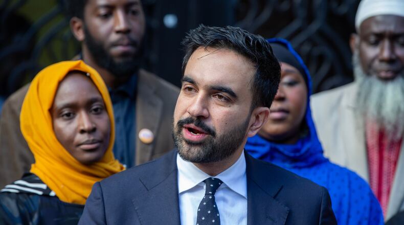New York City Democratic mayoral candidate Zohran Mamdani speaks at the Islamic Cultural Center of the Bronx mosque in New York on Friday, Oct. 24, 2025. (AP Photo/Ted Shaffrey)