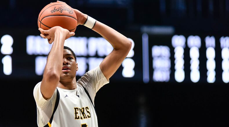 Centerville’s Mo Njie shoots a free throw during their game against Lakota West. Centerville defeated Lakota West 48-40 in their Division I District basketball final Sunday, March 8, 2020 at Xavier University’s Cintas Center. NICK GRAHAM / STAFF
