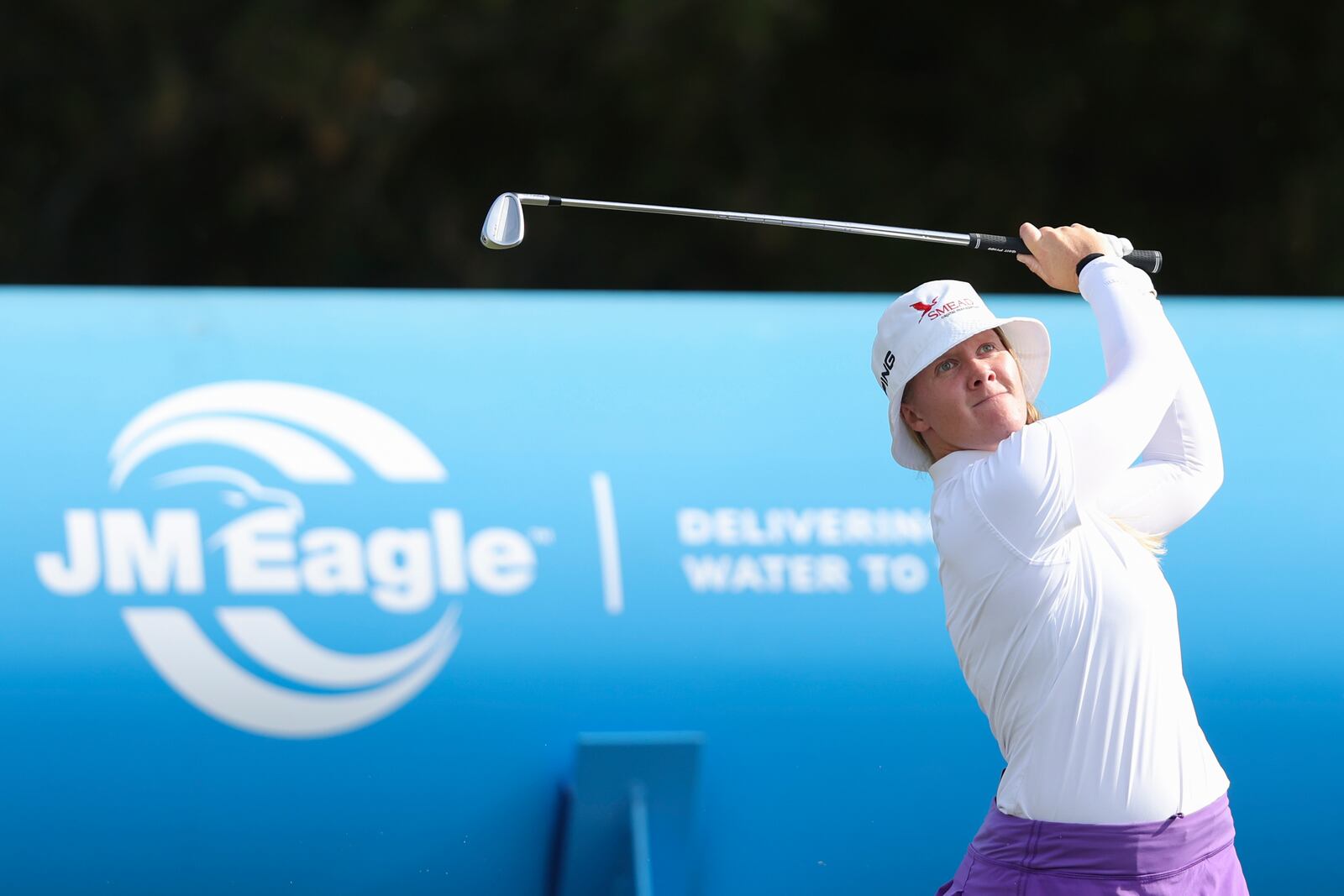 Ingrid Lindblad hits from the fifteenth tee during the final round of the LPGA's JM Eagle LA Championship golf tournament at El Caballero Country Club Sunday, April 20, 2025, in Los Angeles. (AP Photo/Jessie Alcheh)