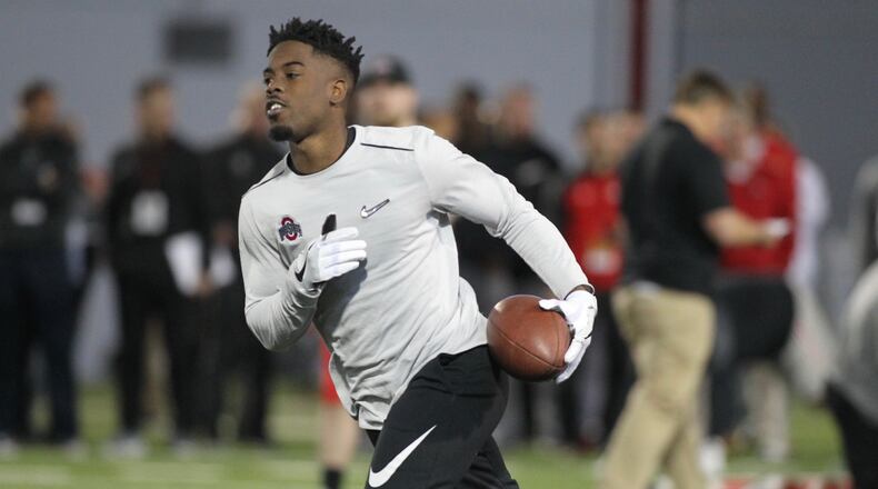 Gareon Conley works out at Ohio State’s Pro Day on Thursday, March 23, 2017, at the Woody Hayes Athletic Center in Columbus. David Jablonski/Staff