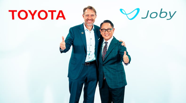 JoeBen Bevirt, Founder and CEO of Joby, and Akio Toyoda, Chairman of Toyota Motor Corporation, celebrate the historic flight. Photo: Toyota