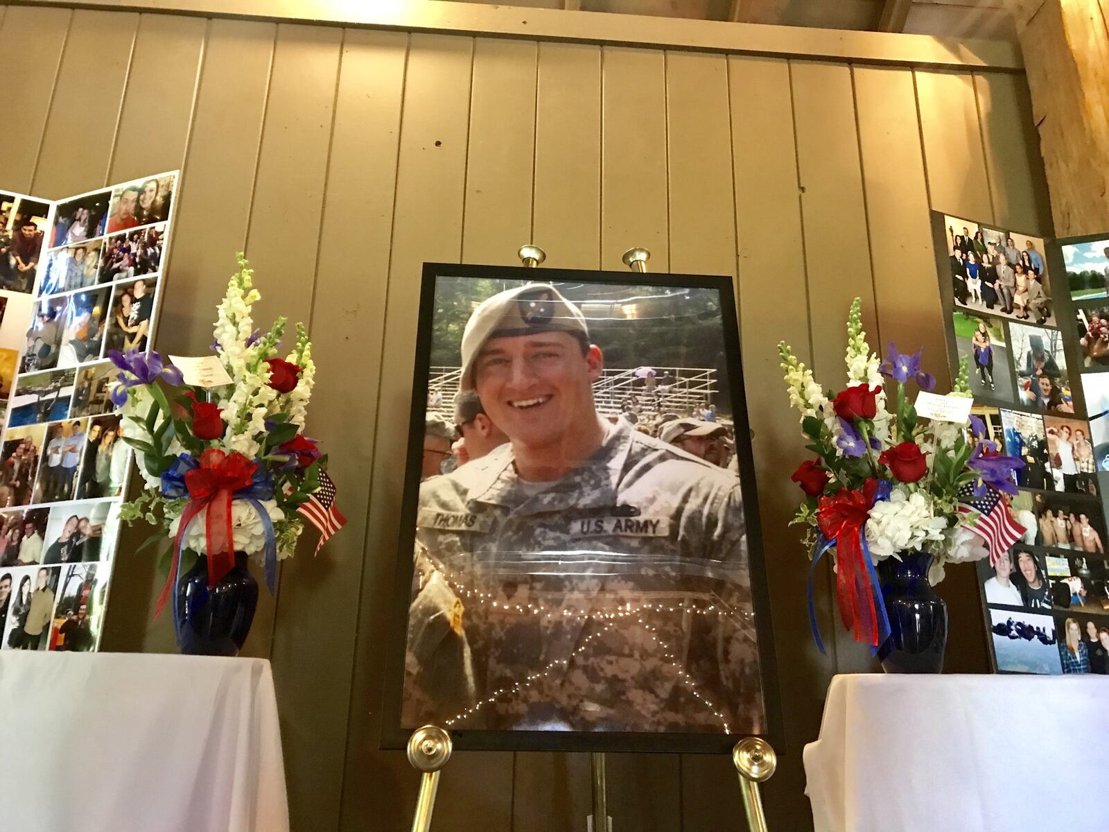 A picture memorial of family and friends for Army Ranger Sgt. Cameron Thomas. Thomas, a 2012 Kettering Fairmont High School graduate, died April 26 during a raid on an ISIS-K compound as U.S. and Afghan forces targeted high-level insurgent leaders in eastern Afghanistan. He was killed by small-arms fire, according to the Department of Defense.TREMAYNE HOGUE / STAFF