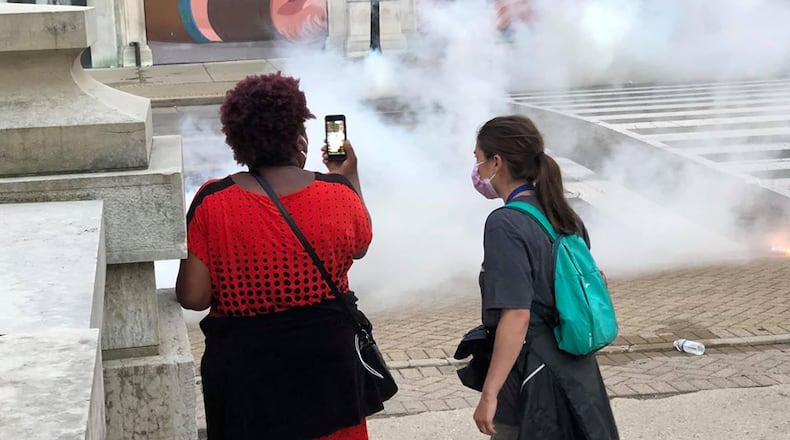 Amelia Robinson and Sarah Franks on the scene of the May 30 protest in downtown Dayton that followed the killing of George Floyd.