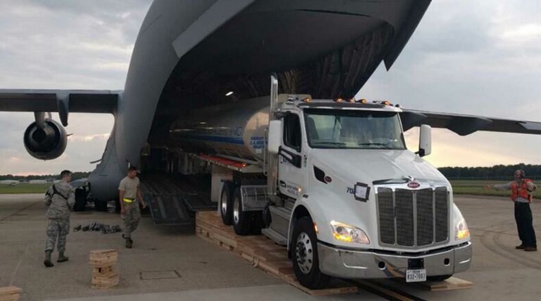 A fuel tank truck is loaded onto a C-17 aircraft, for delivery to Puerto Rico, to assist in the hurricane recovery efforts. The Air Force Life Cycle Management Center’s Air Transportability Test Loading Activity office at Wright-Patterson Air Force Base, ensured the aircraft was able to carry the fuel truck and that it was properly secured. (Courtesy photo)