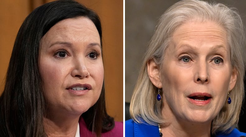 FILE - This photo combo shows from left, Republican Sen. Ashley Moody of Florida and Democratic Sen. Kirsten Gillibrand of New York in Washington. (AP Photo/File)