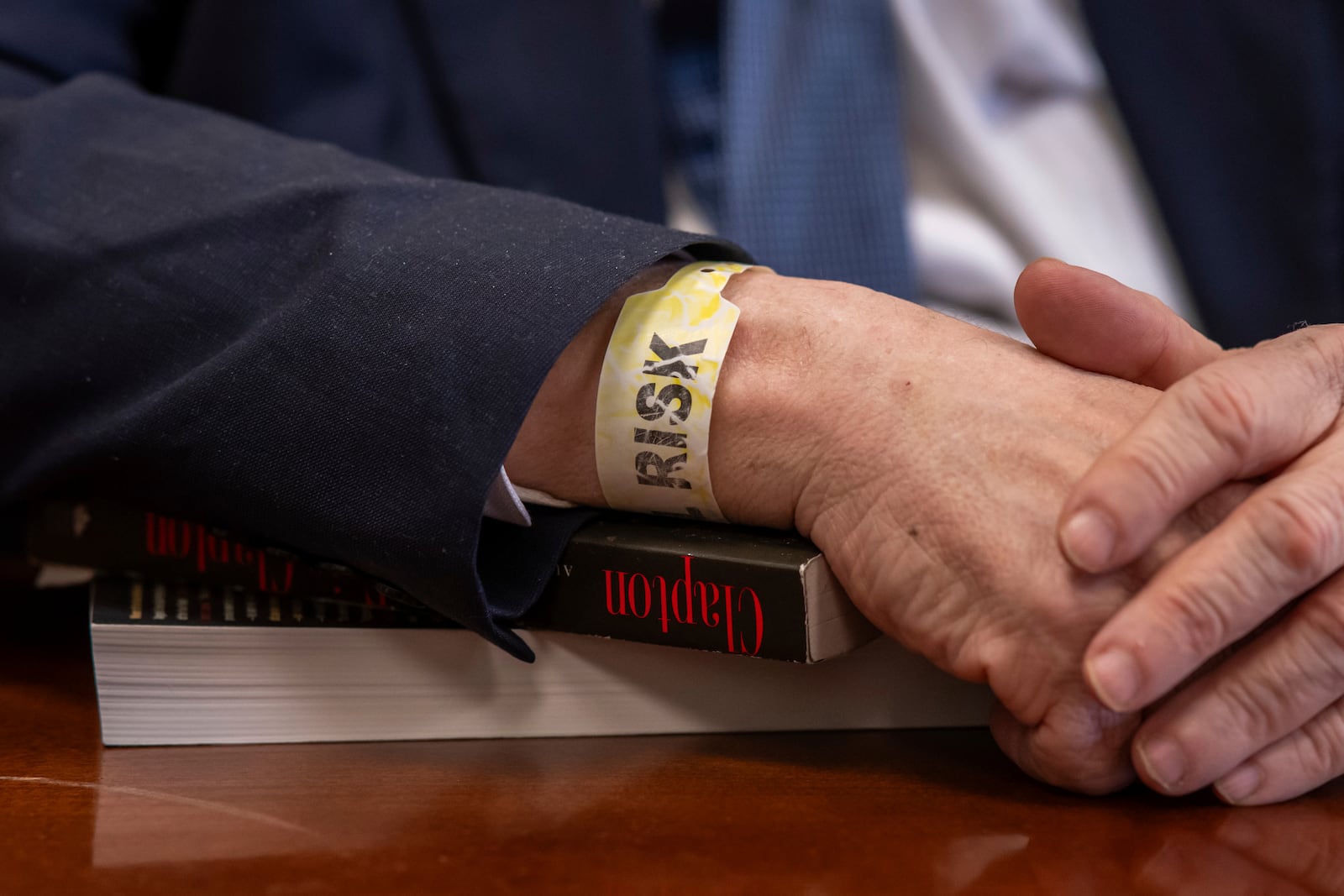 Harvey Weinstein appears in Manhattan Criminal Court, wearing a risk wristband, for the third day of jury selection in his retrial, Thursday, April 17, 2025 in New York. (AP Photo/Adam Gray, Pool)