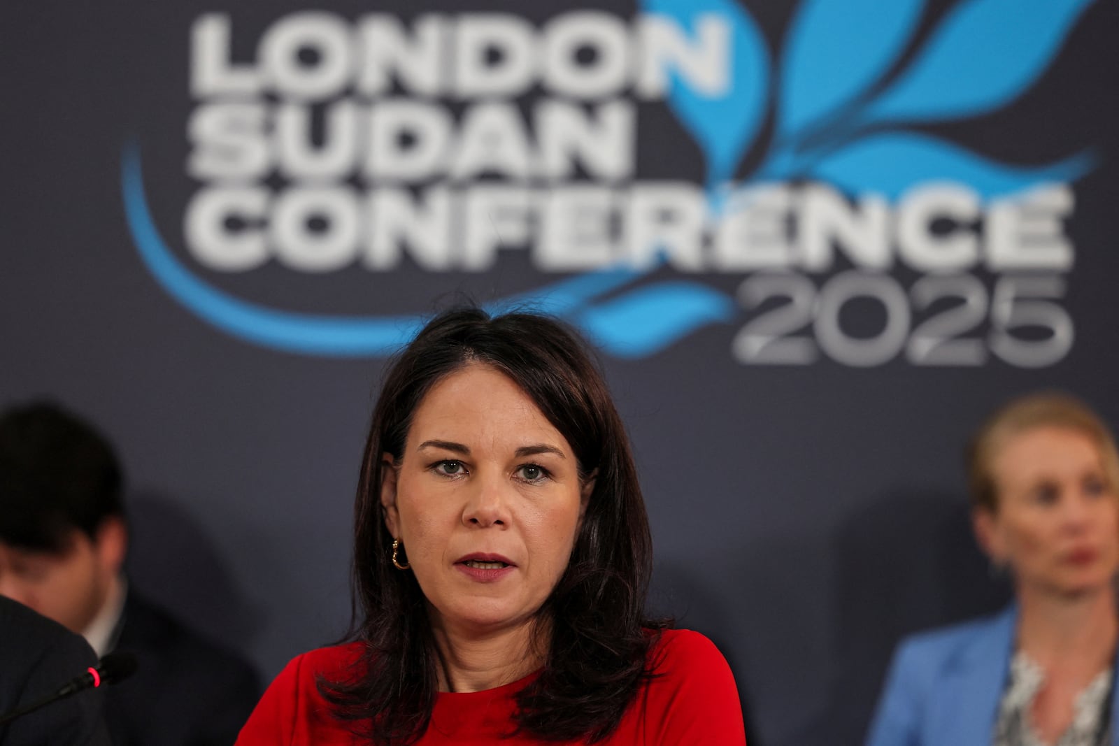German Foreign Minister Annalena Baerbock attends the London Sudan conference at Lancaster House in London, Tuesday, April 15, 2025. (Isabel Infantes/Pool Photo via AP)