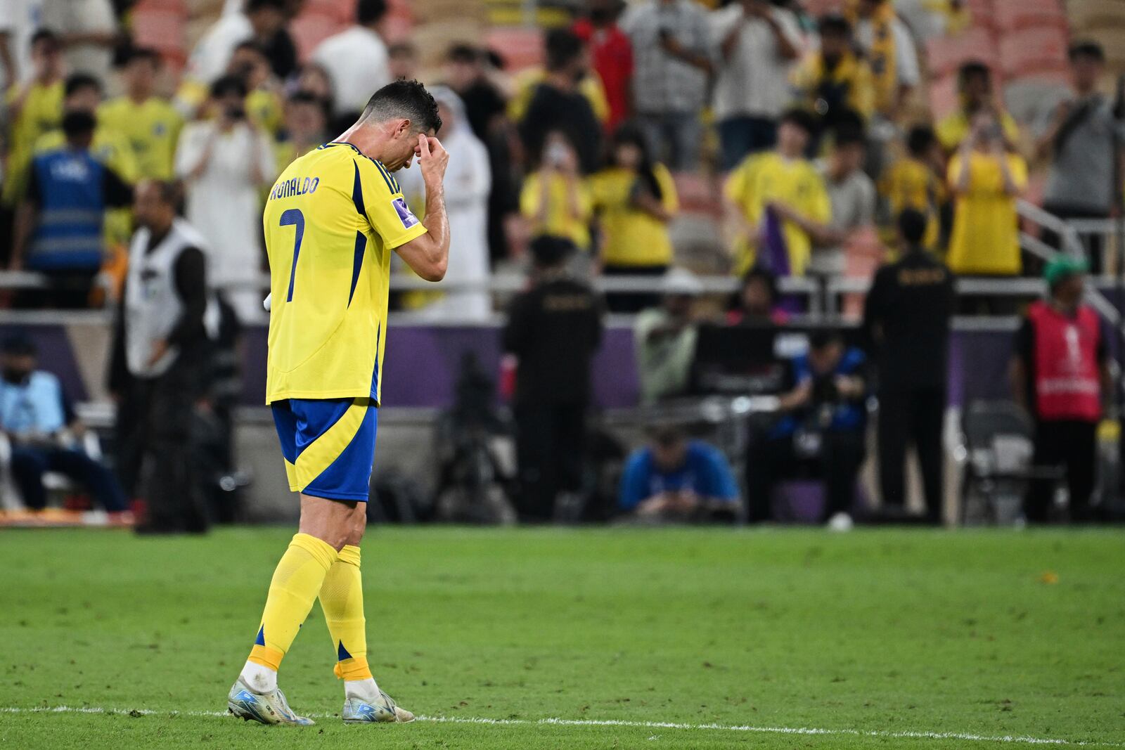 Al Nassr's Cristiano Ronaldo reacts after his team lost to Kawasaki Frontale during a AFC Champions League Elite semifinal soccer match at Alinma Stadium in Jeddah, Saudi Arabia, Wednesday, April 30, 2025. (AP Photo/Ali Issa)